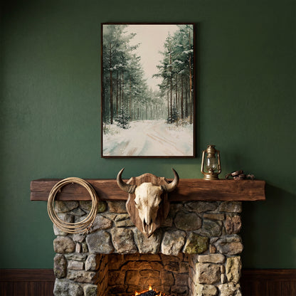 Winter Forest Road Canvas Print with Evergreen Trees in dark walnut floating frame