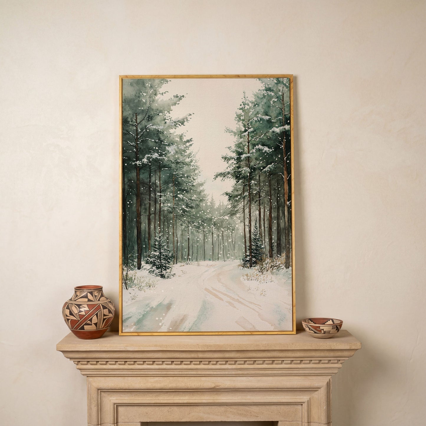 Winter Forest Road Canvas Print with Evergreen Trees in white oak floating frame