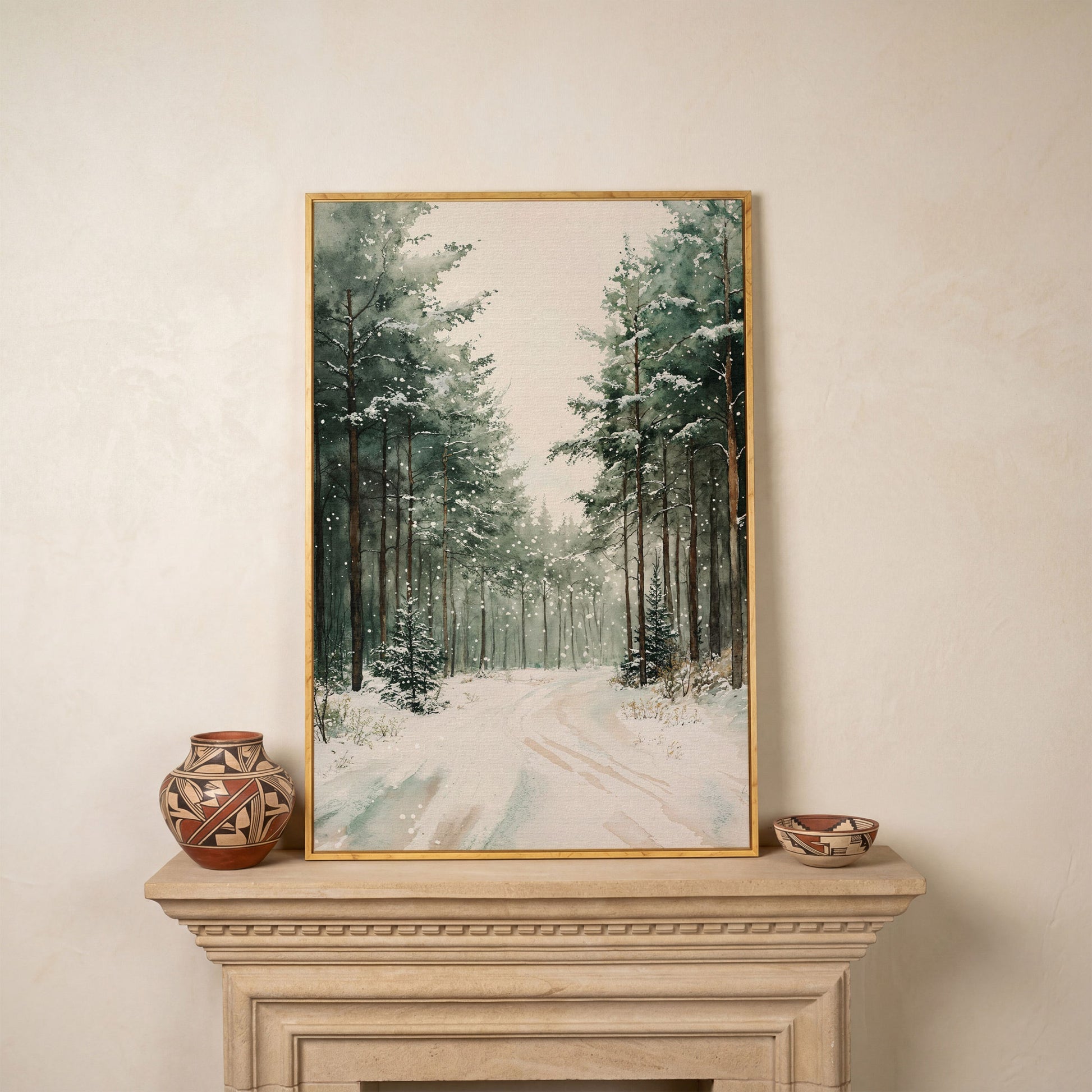 Winter Forest Road Canvas Print with Evergreen Trees in white oak floating frame