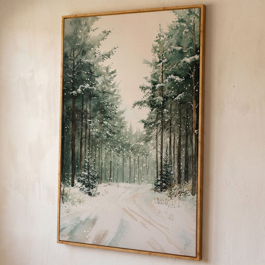 Winter Forest Road Canvas Print with Evergreen Trees shown in white oak floating frame