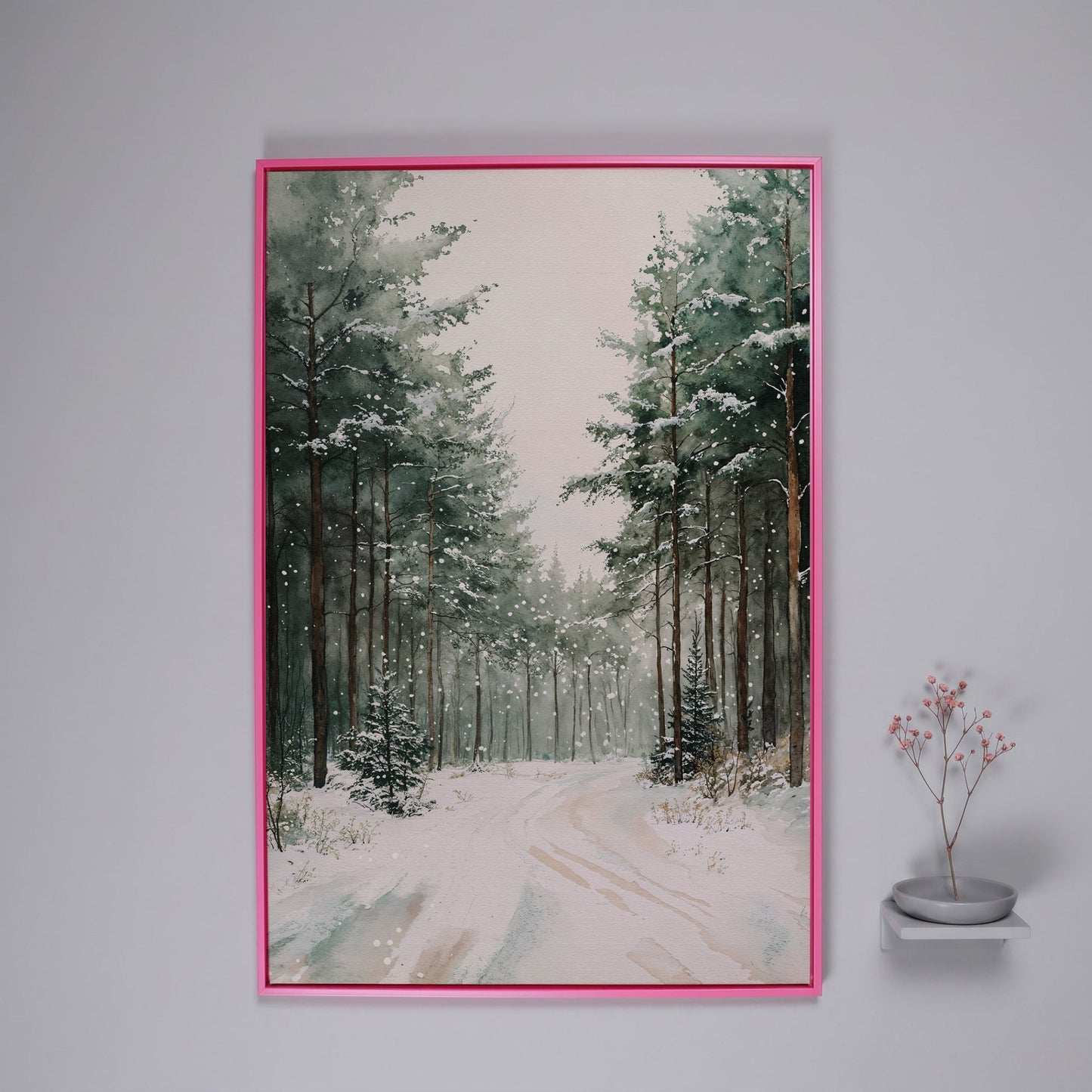 Winter Forest Road Canvas Print with Evergreen Trees in pink floating frame