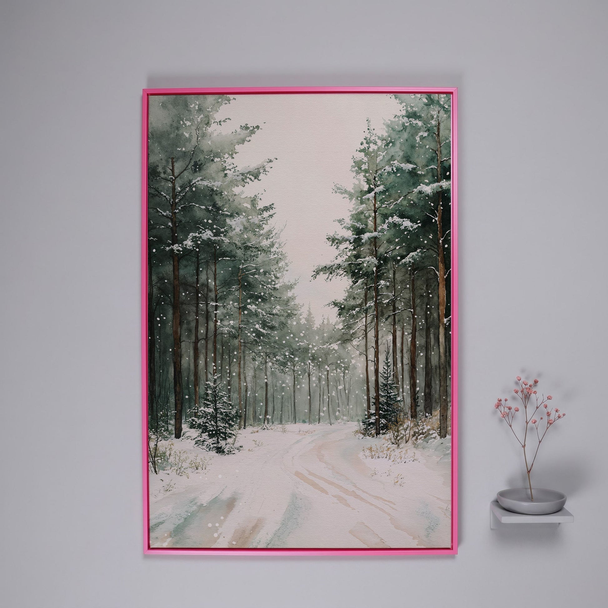 Winter Forest Road Canvas Print with Evergreen Trees in pink floating frame
