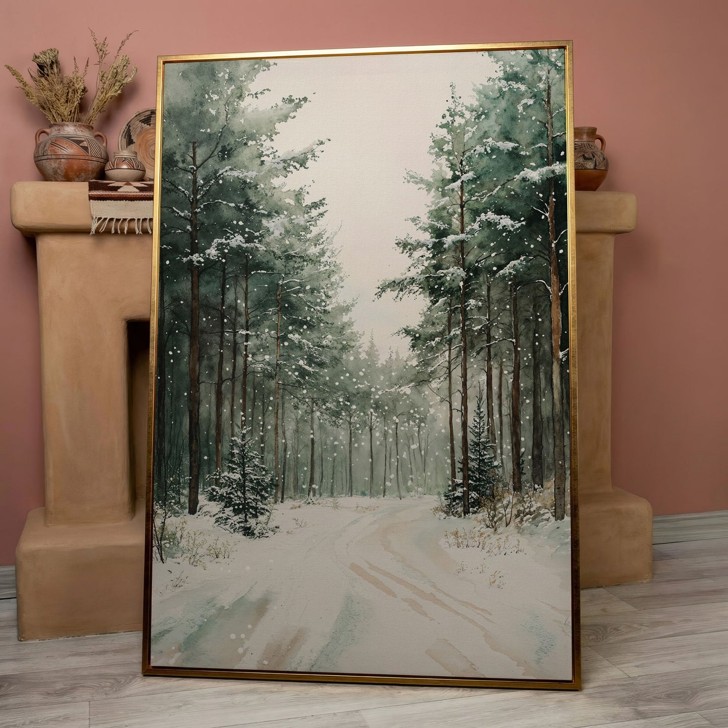 Winter Forest Road Canvas Print with Evergreen Trees in rose gold floating frame