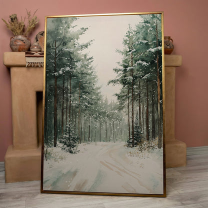 Winter Forest Road Canvas Print with Evergreen Trees in rose gold floating frame