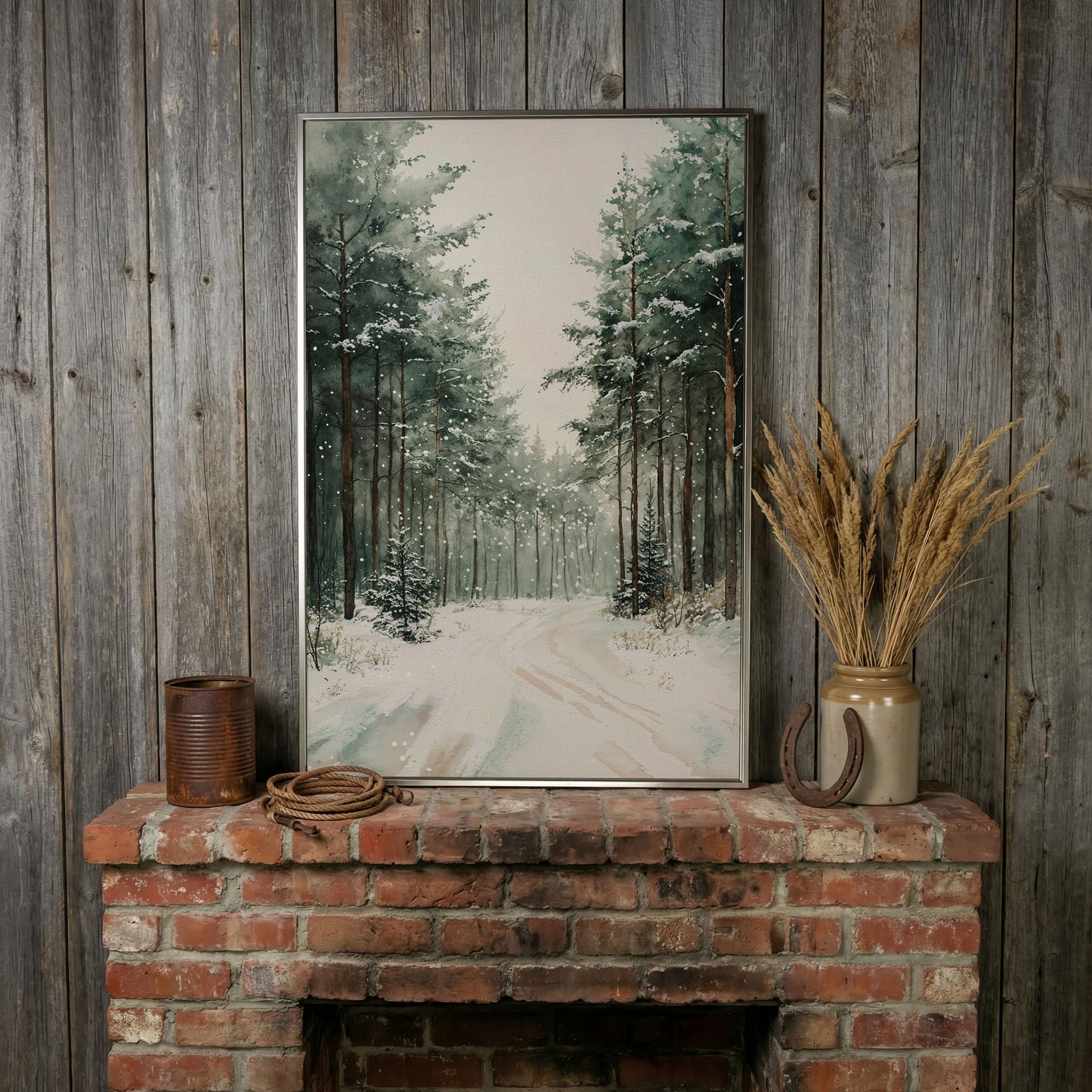 Winter Forest Road Canvas Print with Evergreen Trees in silver floating frame