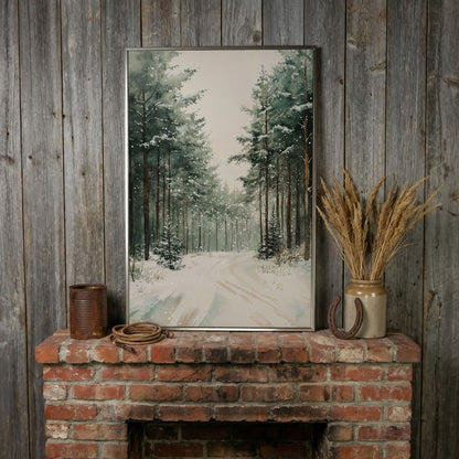 Winter Forest Road Canvas Print with Evergreen Trees in silver floating frame