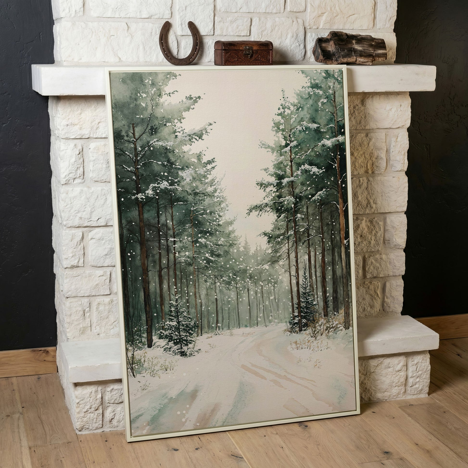 Winter Forest Road Canvas Print with Evergreen Trees in white floating frame