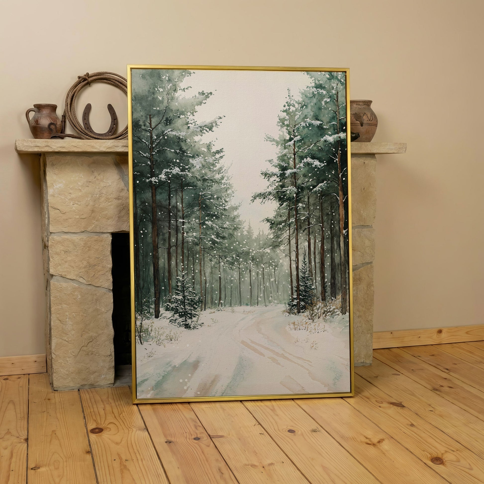 Winter Forest Road Canvas Print with Evergreen Trees in yellow gold floating frame