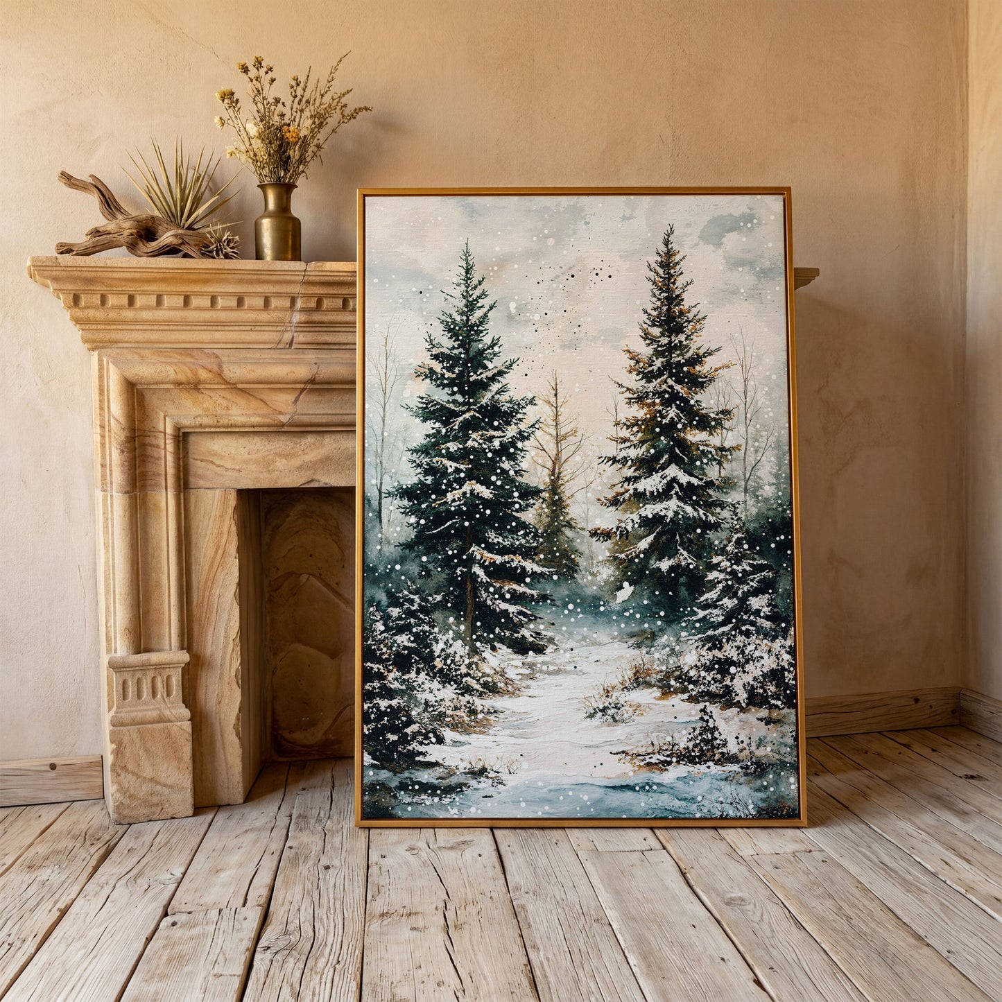 Snow-Covered Pine Forest Canvas Wall Art, Winter Woodland in antique gold floating frame
