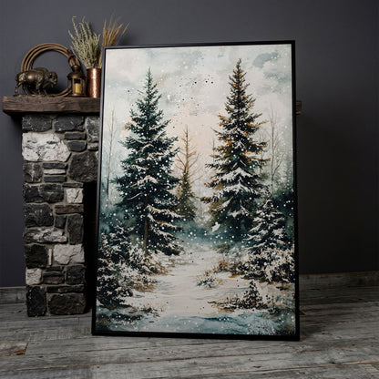 Snow-Covered Pine Forest Canvas Wall Art, Winter Woodland in black floating frame
