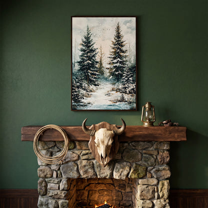 Snow-Covered Pine Forest Canvas Wall Art, Winter Woodland in dark walnut floating frame