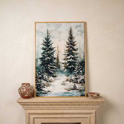 Snow-Covered Pine Forest Canvas Wall Art, Winter Woodland in white oak floating frame