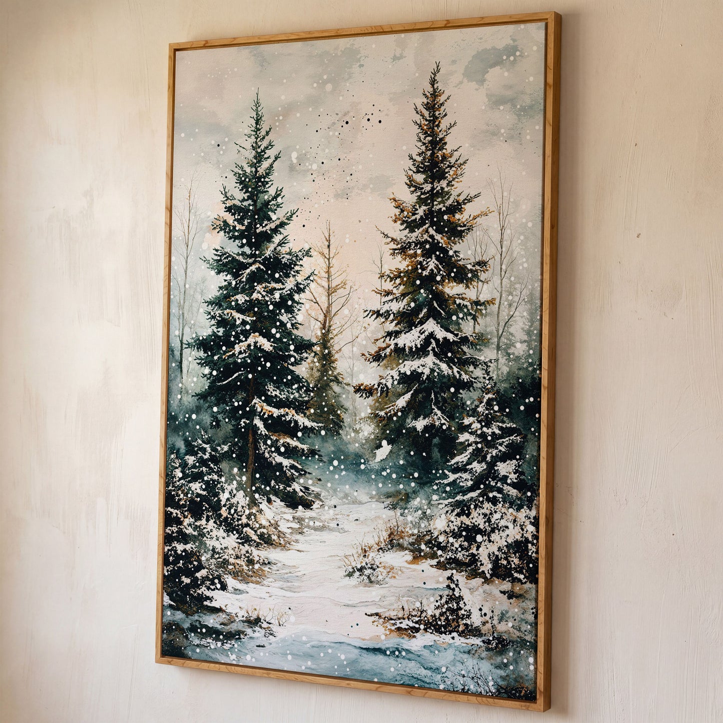 Snow-Covered Pine Forest Canvas Wall Art, Winter Woodland shown in white oak floating frame