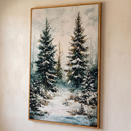 Snow-Covered Pine Forest Canvas Wall Art, Winter Woodland shown in white oak floating frame