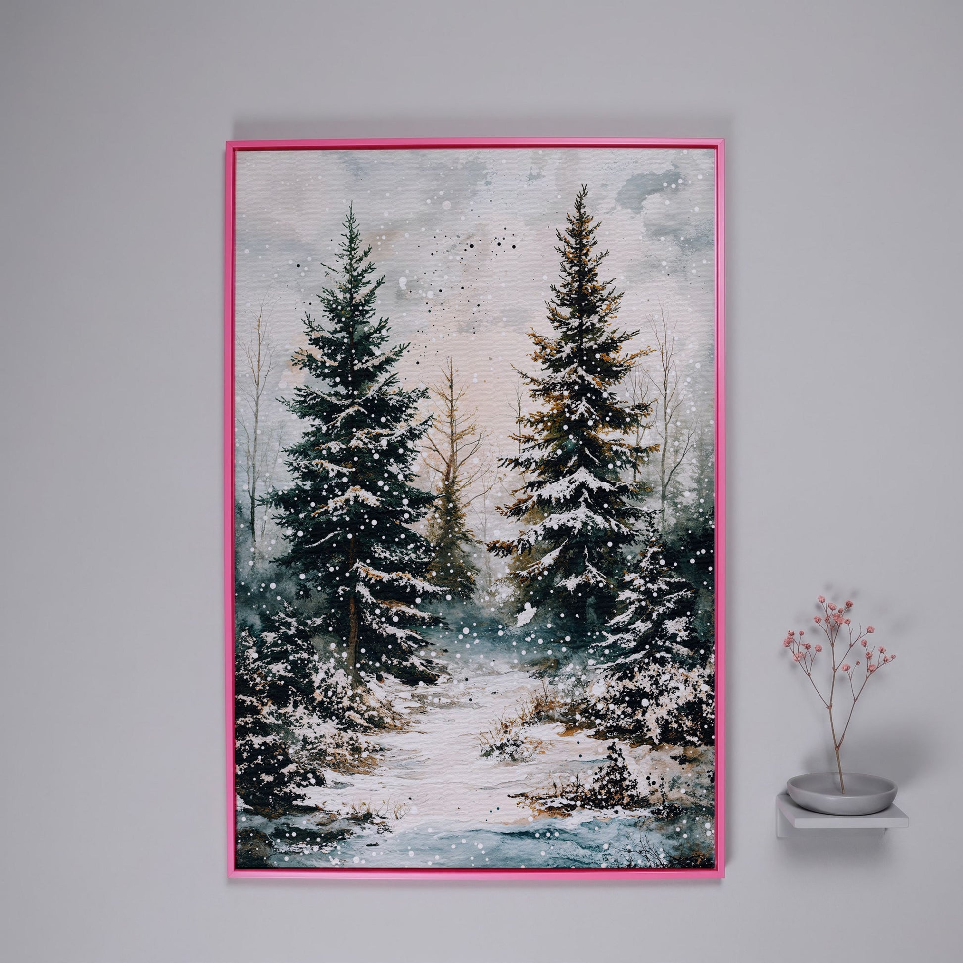 Snow-Covered Pine Forest Canvas Wall Art, Winter Woodland in pink floating frame