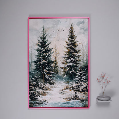 Snow-Covered Pine Forest Canvas Wall Art, Winter Woodland in pink floating frame