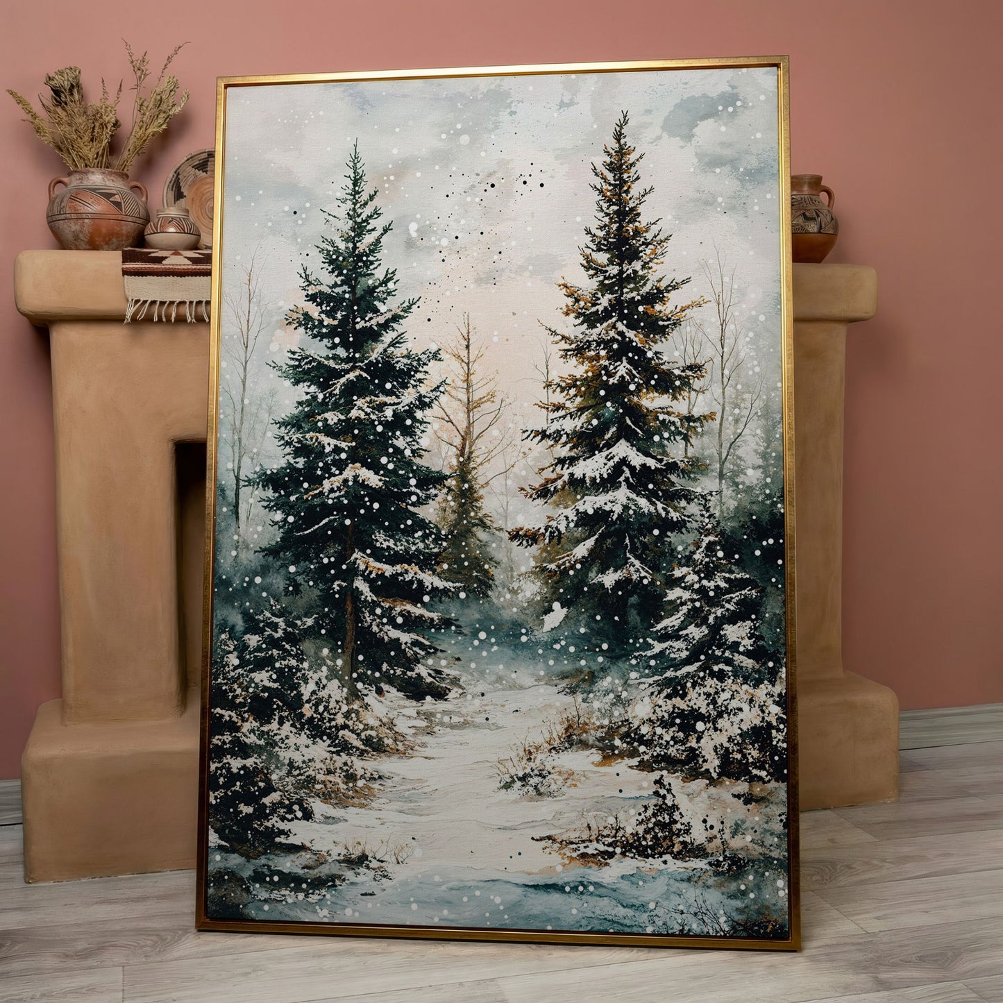 Snow-Covered Pine Forest Canvas Wall Art, Winter Woodland in rose gold floating frame