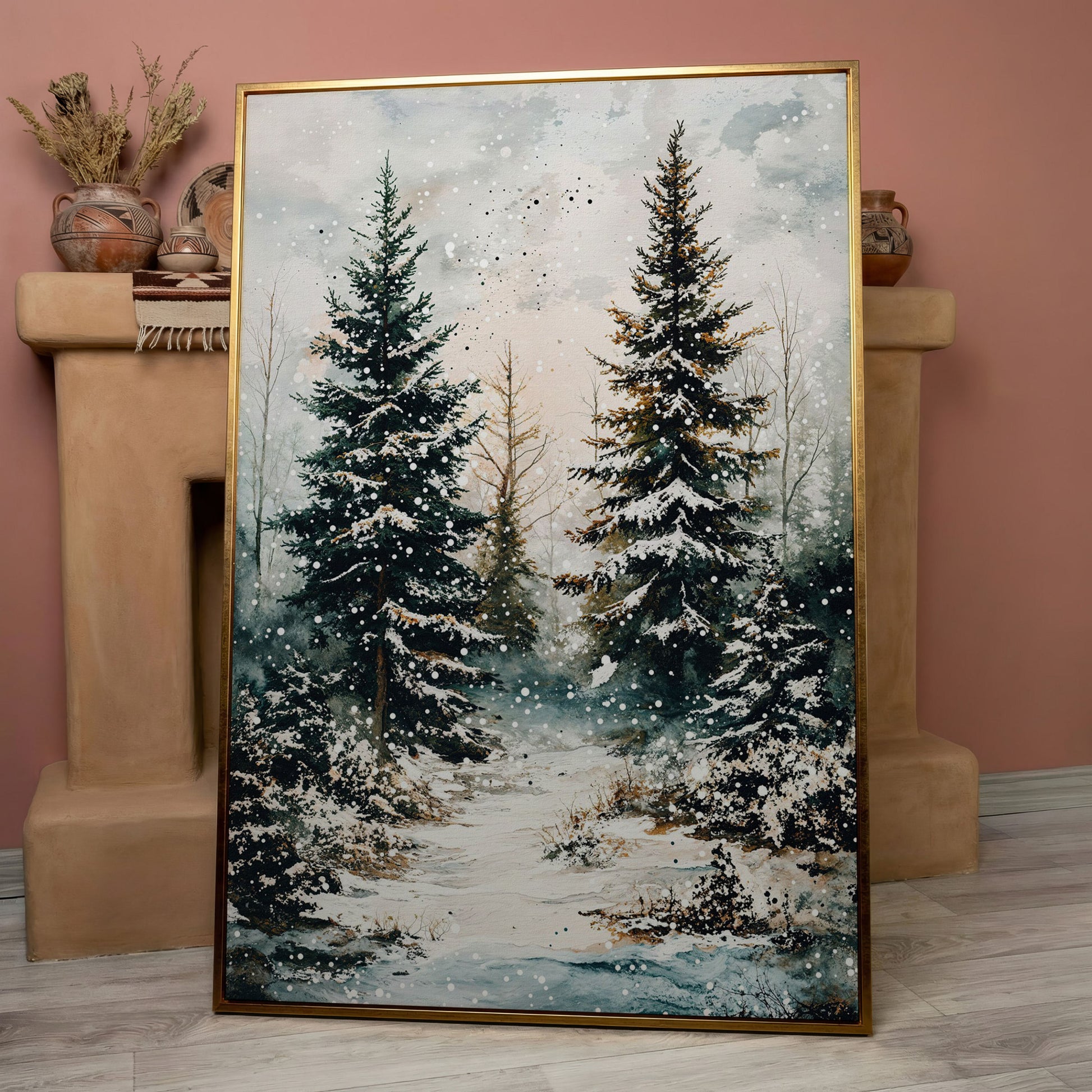 Snow-Covered Pine Forest Canvas Wall Art, Winter Woodland in rose gold floating frame