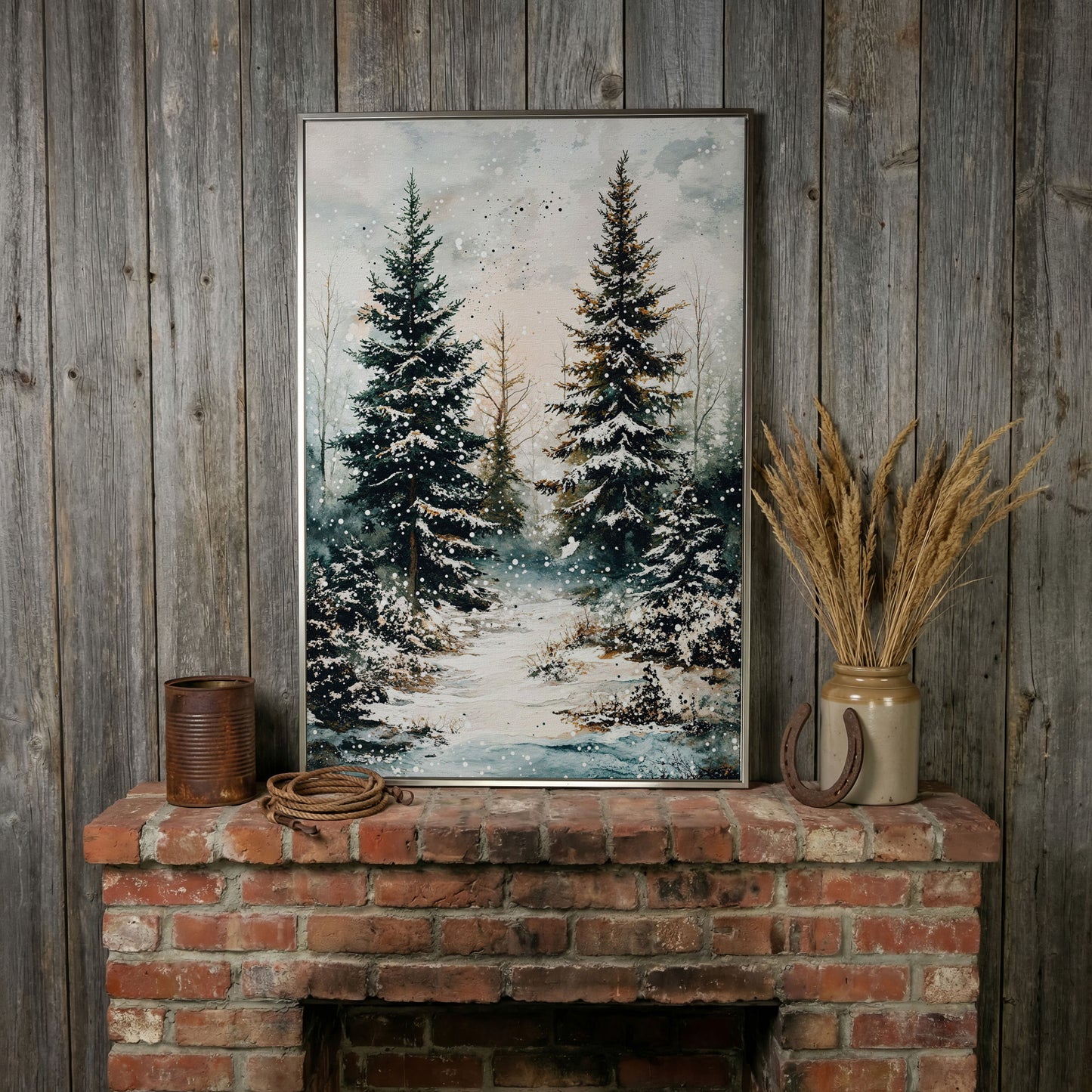 Snow-Covered Pine Forest Canvas Wall Art, Winter Woodland in silver floating frame