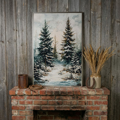Snow-Covered Pine Forest Canvas Wall Art, Winter Woodland in silver floating frame