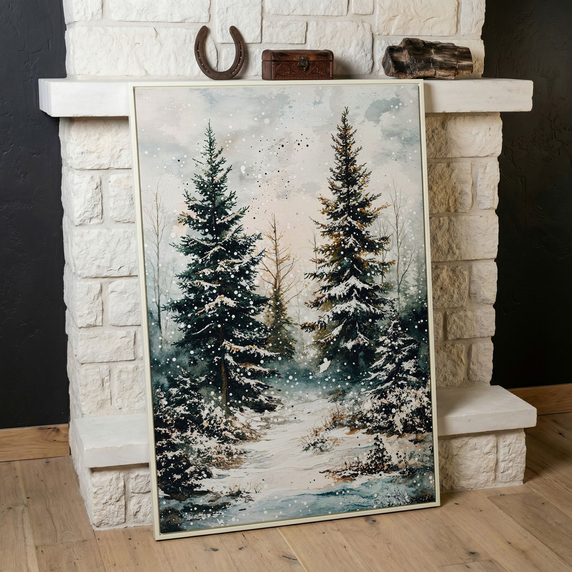 Snow-Covered Pine Forest Canvas Wall Art, Winter Woodland in white floating frame