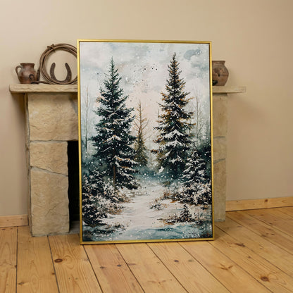 Snow-Covered Pine Forest Canvas Wall Art, Winter Woodland in yellow gold floating frame