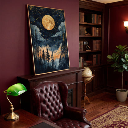 Moonlit Forest Canvas Print with Gold Moon and Stars in antique gold floating frame