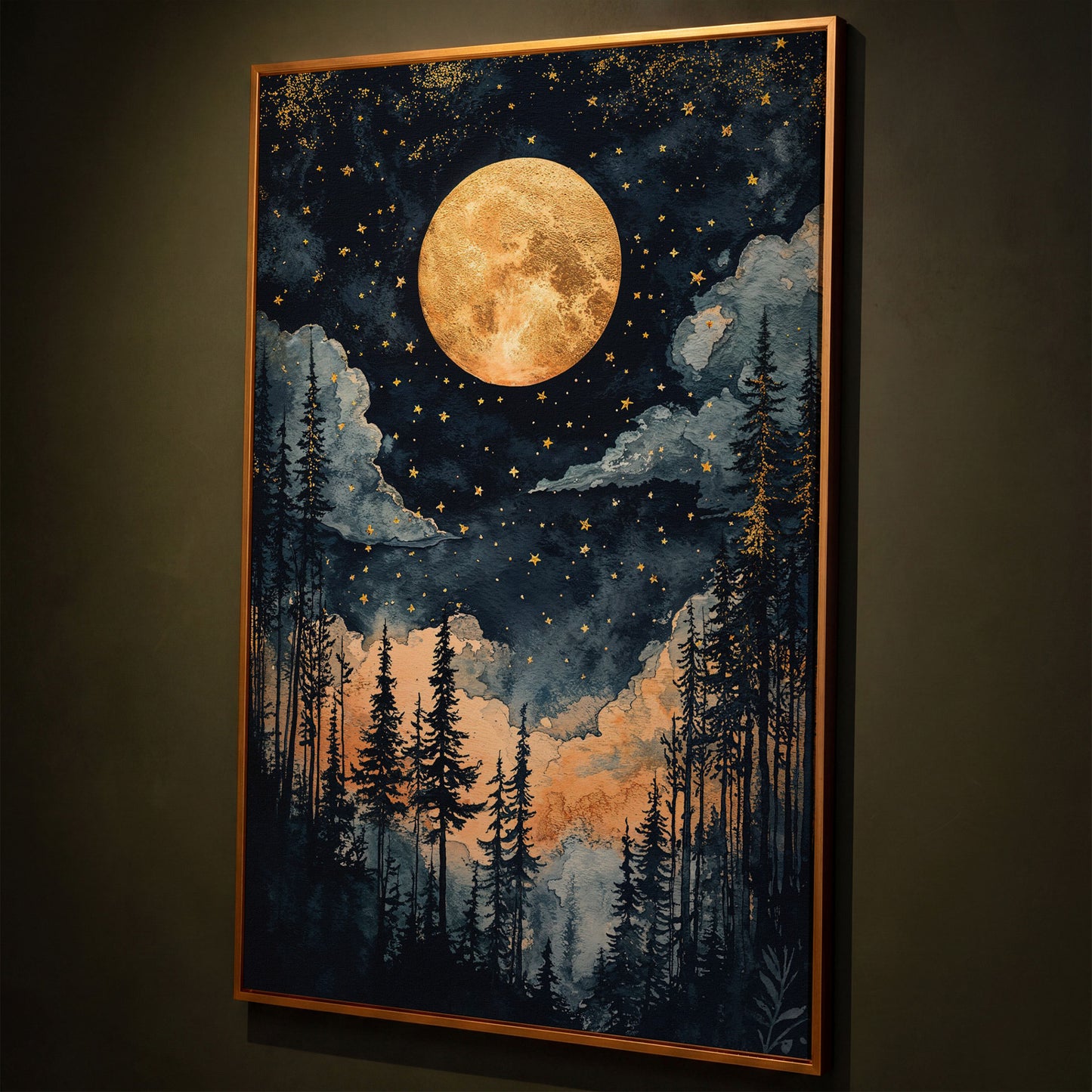 Moonlit Forest Canvas Print with Gold Moon and Stars shown in antique gold floating frame