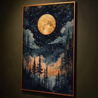 Moonlit Forest Canvas Print with Gold Moon and Stars shown in antique gold floating frame