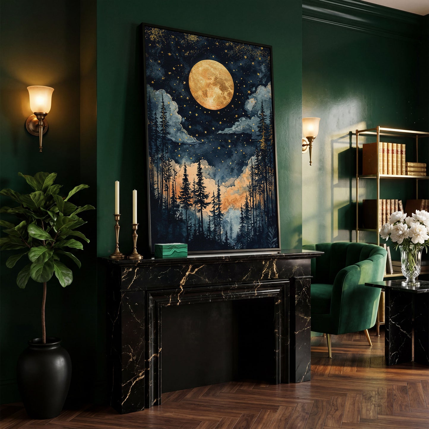 Moonlit Forest Canvas Print with Gold Moon and Stars in black floating frame
