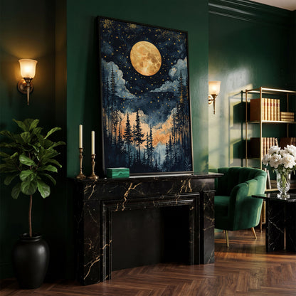 Moonlit Forest Canvas Print with Gold Moon and Stars in black floating frame