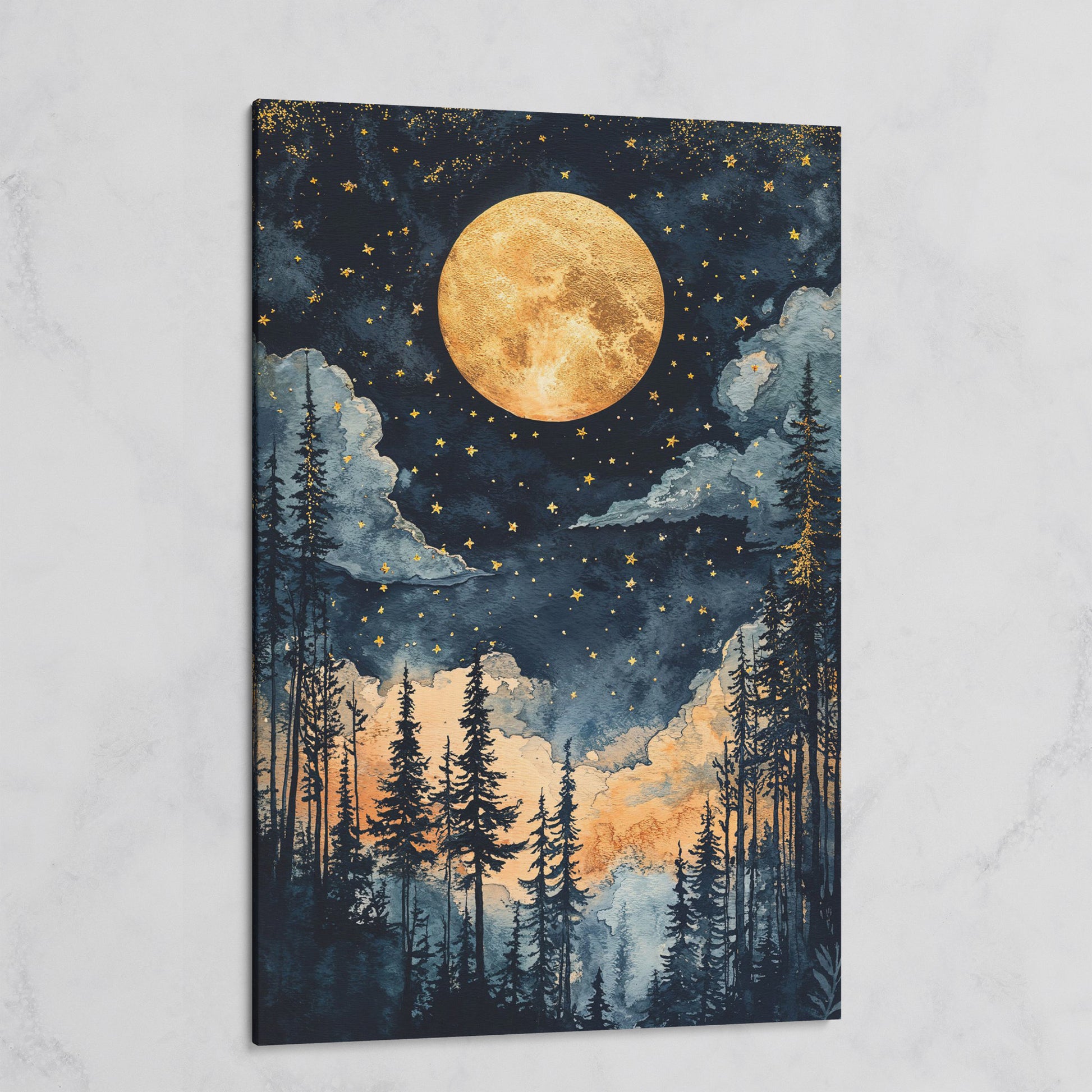 Moonlit Forest Canvas Print with Gold Moon and Stars on gallery wrap
