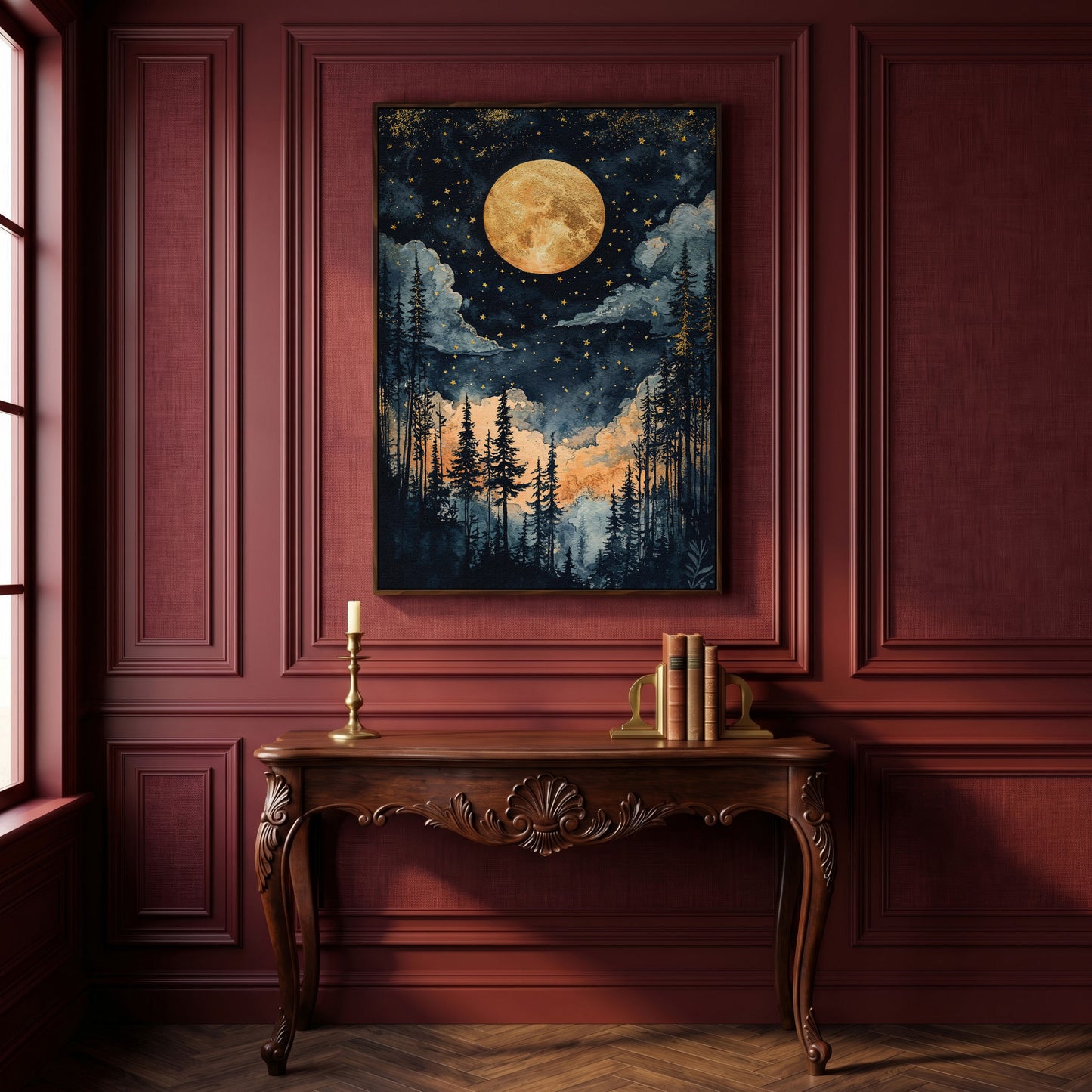 Moonlit Forest Canvas Print with Gold Moon and Stars in dark walnut floating frame