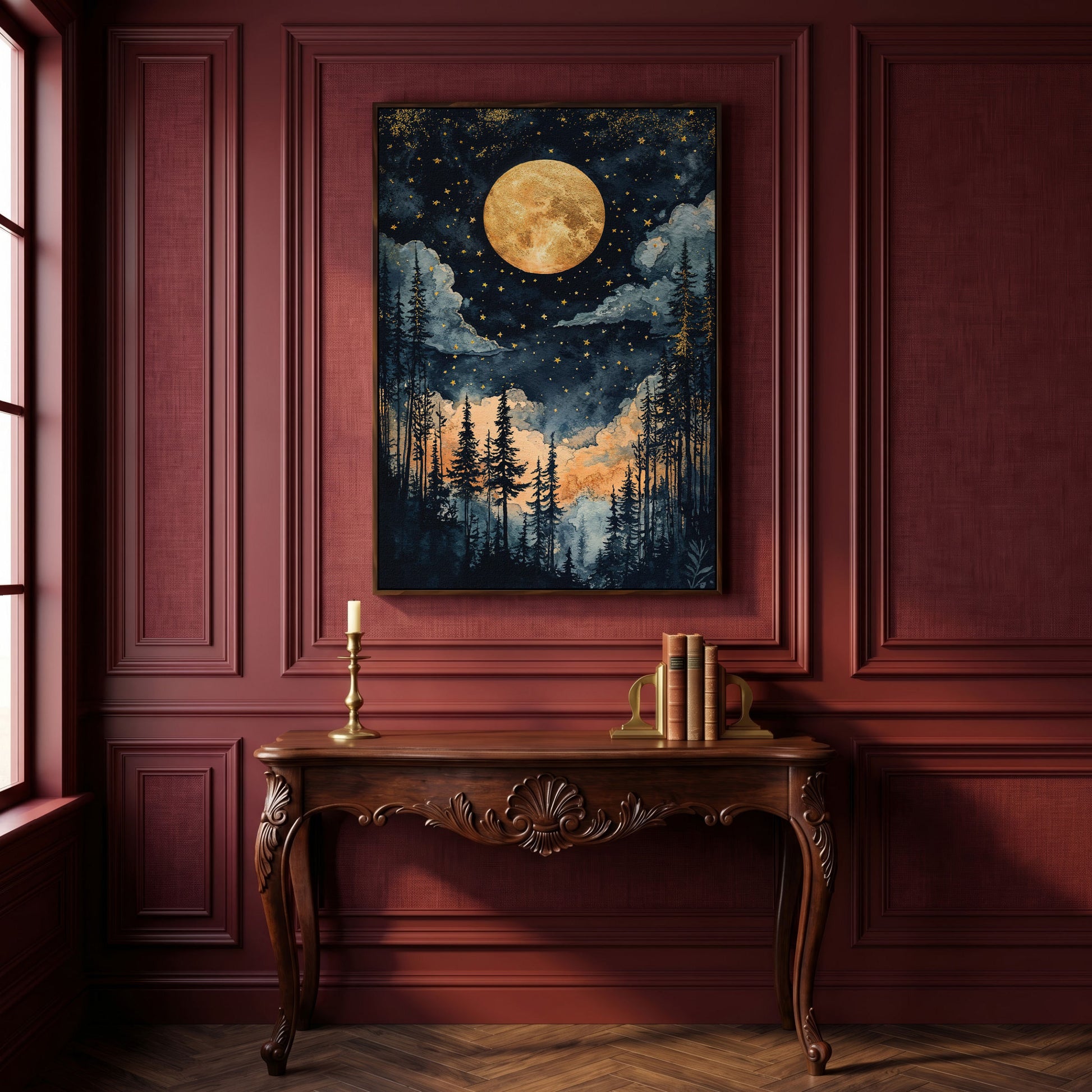 Moonlit Forest Canvas Print with Gold Moon and Stars in dark walnut floating frame