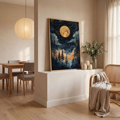 Moonlit Forest Canvas Print with Gold Moon and Stars in white oak floating frame