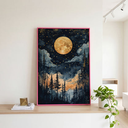 Moonlit Forest Canvas Print with Gold Moon and Stars in pink floating frame