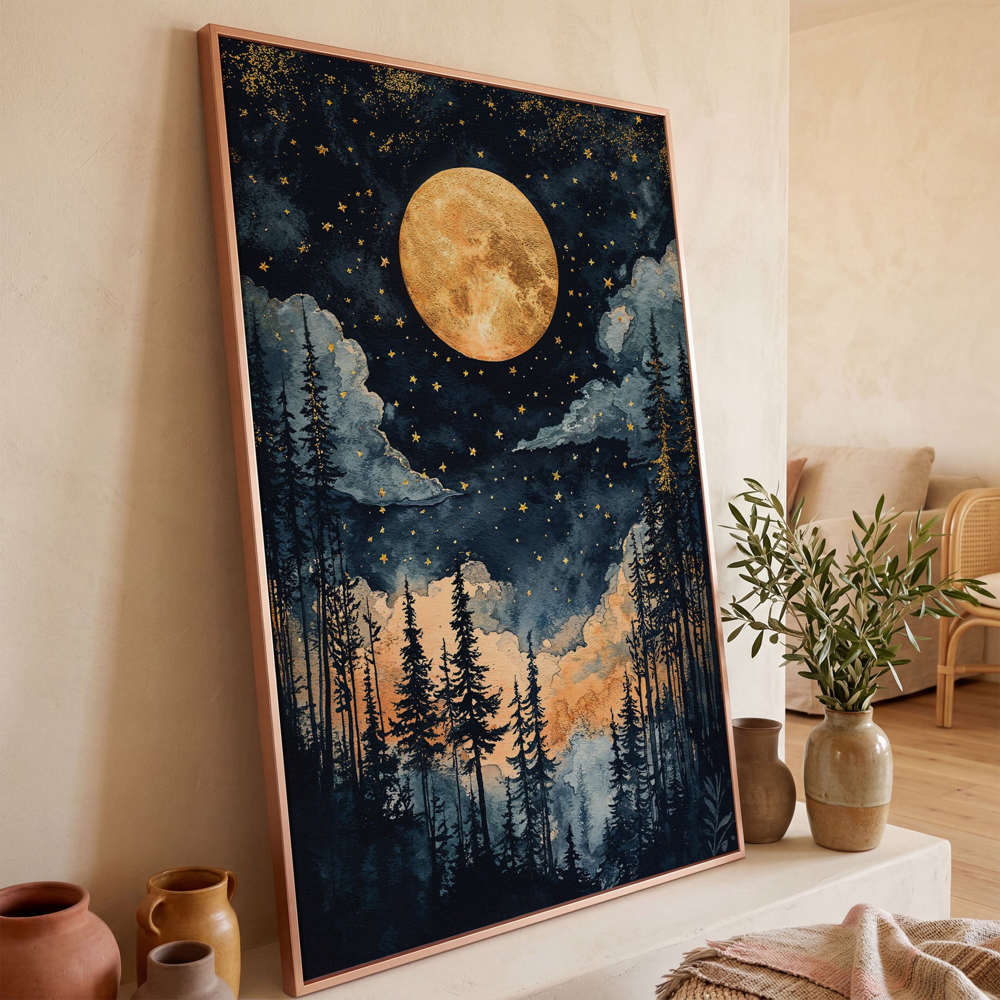 Moonlit Forest Canvas Print with Gold Moon and Stars in rose gold floating frame