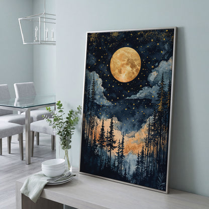 Moonlit Forest Canvas Print with Gold Moon and Stars in silver floating frame
