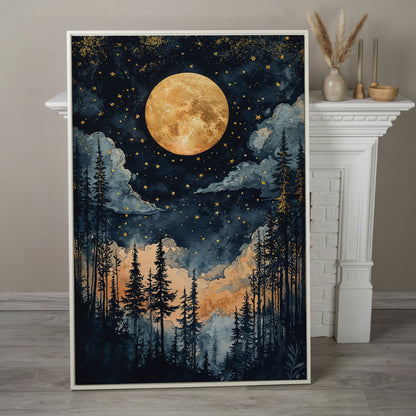 Moonlit Forest Canvas Print with Gold Moon and Stars in white floating frame