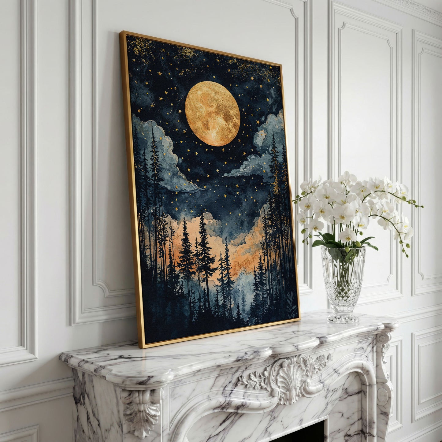 Moonlit Forest Canvas Print with Gold Moon and Stars in yellow gold floating frame