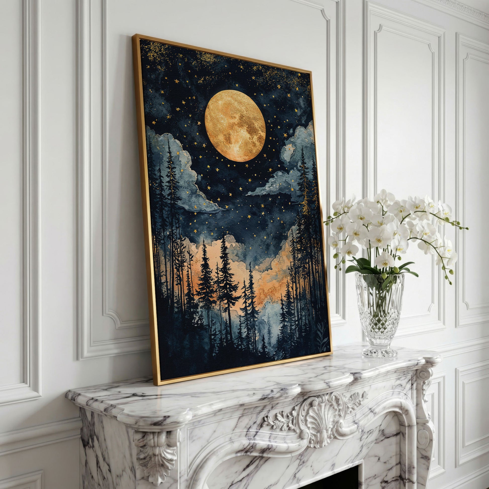 Moonlit Forest Canvas Print with Gold Moon and Stars in yellow gold floating frame