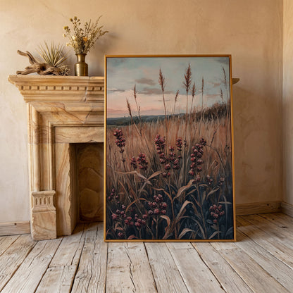 Tranquil Autumn Meadow Canvas Print in antique gold floating frame