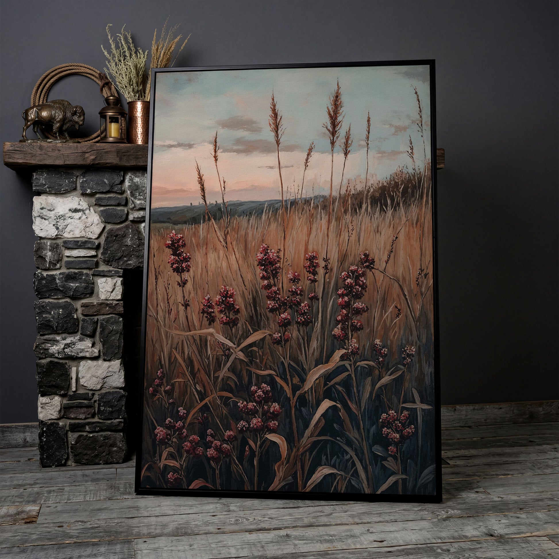 Tranquil Autumn Meadow Canvas Print in black floating frame