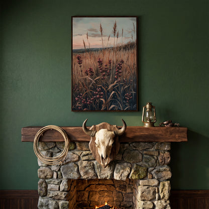 Tranquil Autumn Meadow Canvas Print in dark walnut floating frame