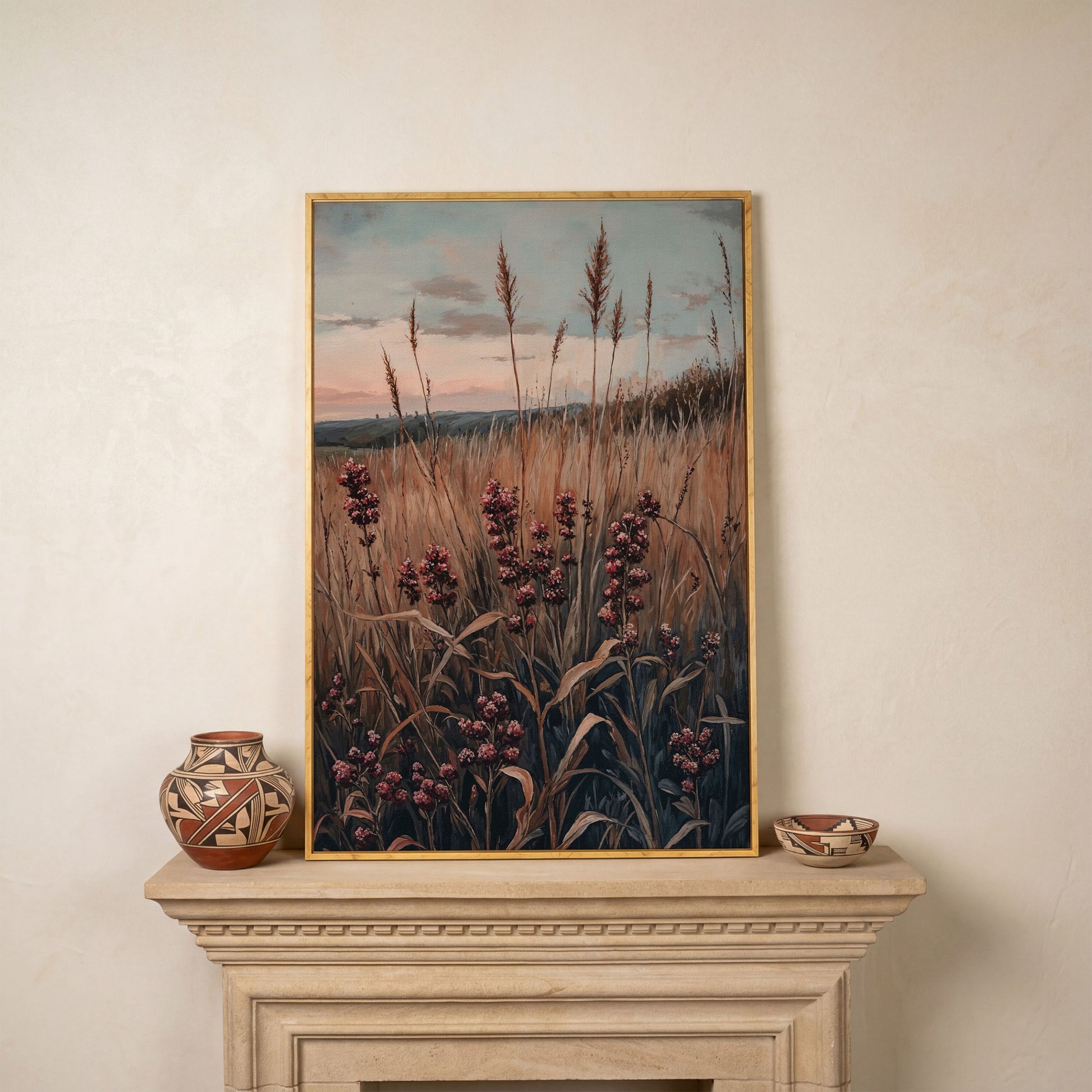 Tranquil Autumn Meadow Canvas Print in white oak floating frame