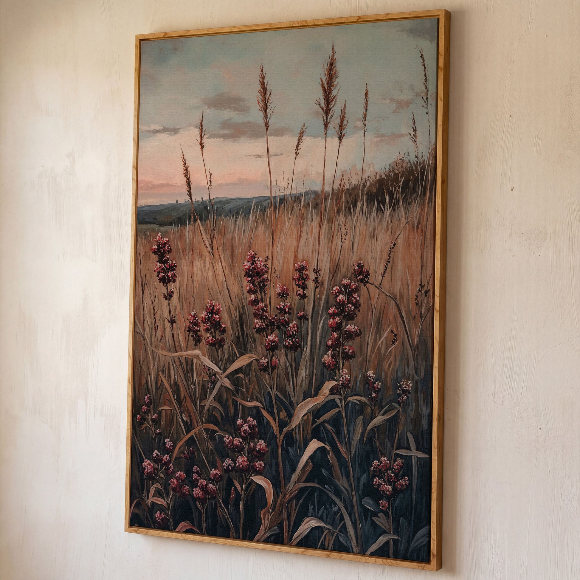 Tranquil Autumn Meadow Canvas Print shown in white oak floating frame