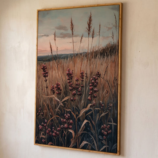 Tranquil Autumn Meadow Canvas Print shown in white oak floating frame