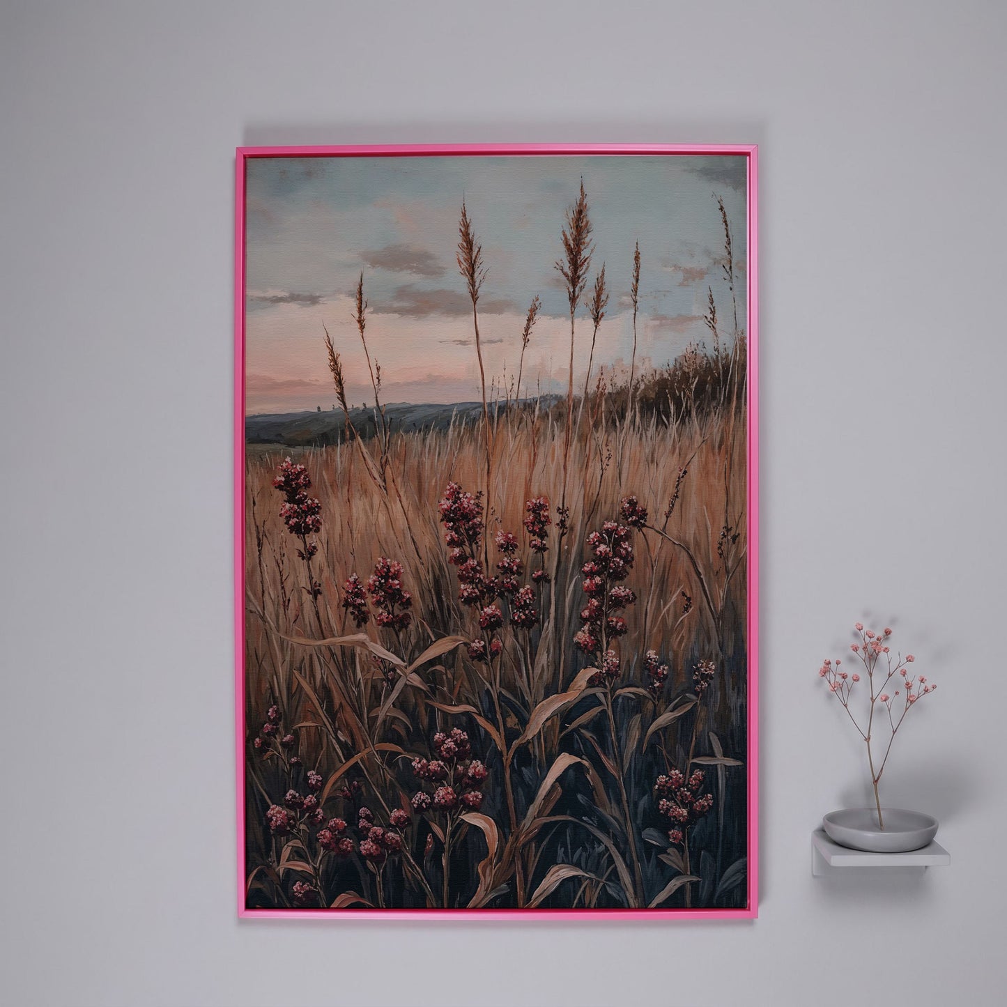 Tranquil Autumn Meadow Canvas Print in pink floating frame