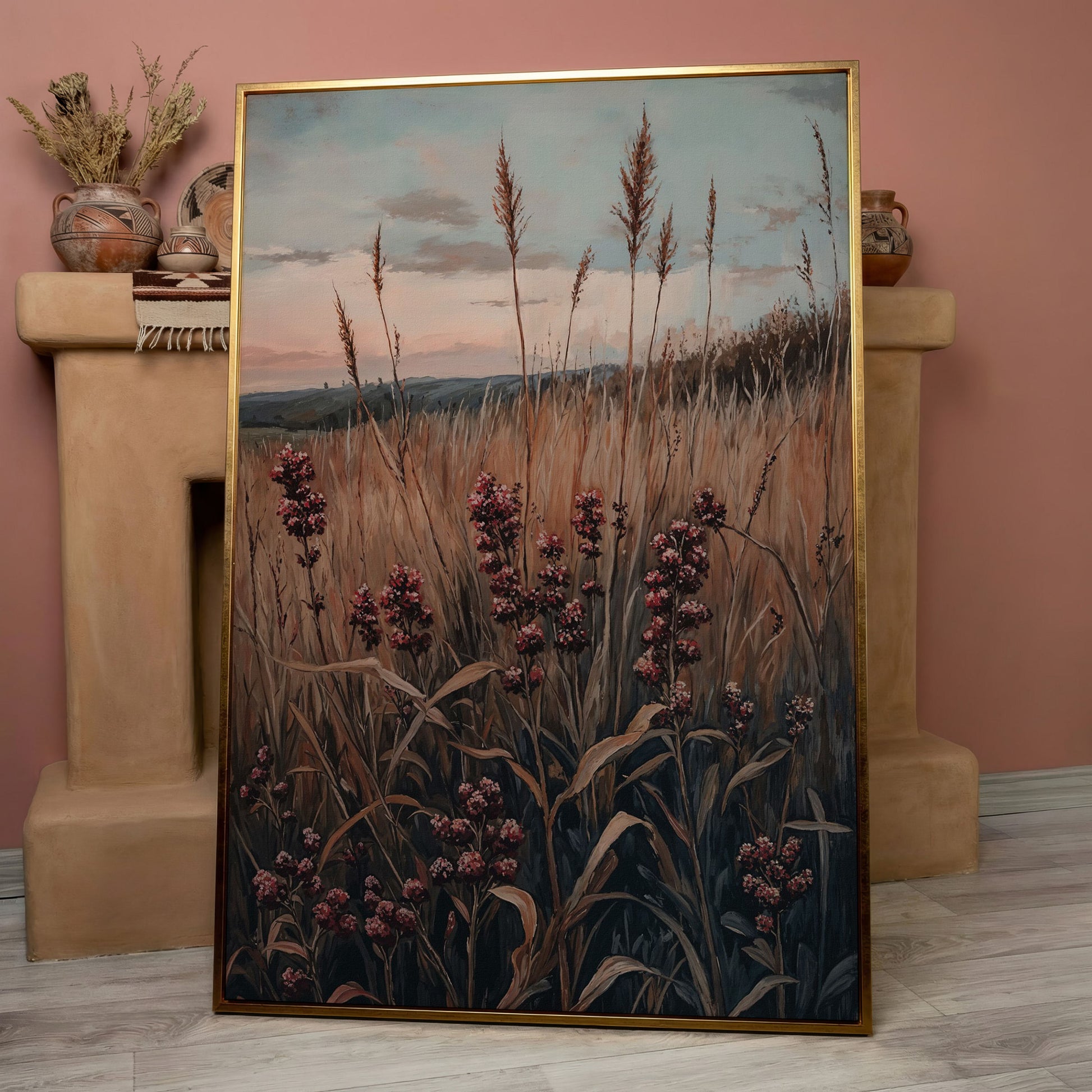 Tranquil Autumn Meadow Canvas Print in rose gold floating frame
