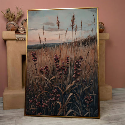 Tranquil Autumn Meadow Canvas Print in rose gold floating frame